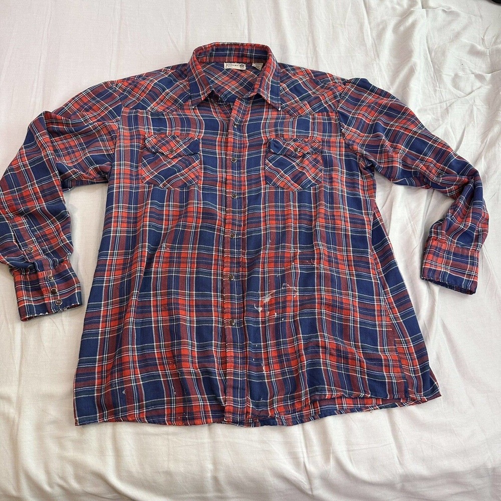 Roebucks Flannel Shirt Mens XL Red Plaid Pearl Snap Button Up Western Distressed